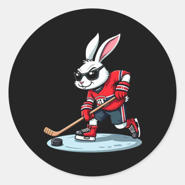 Easter Bunny Playing Hockey  Classic Round Sticker (Front)