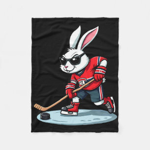 Easter Bunny Playing Hockey  Fleece Blanket