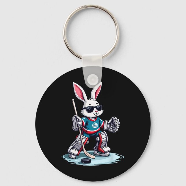 Easter Bunny Playing Hockey Halloween  Key Ring (Front)