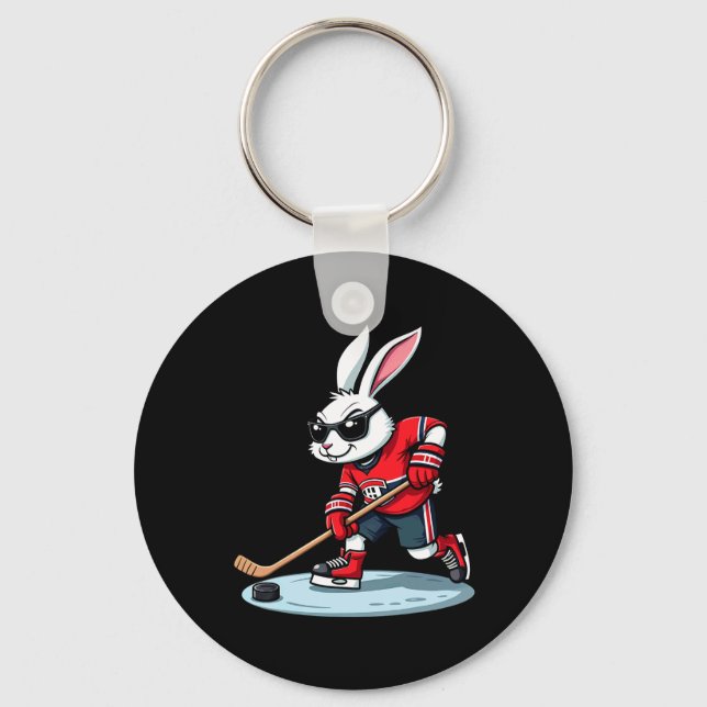 Easter Bunny Playing Hockey  Key Ring (Front)