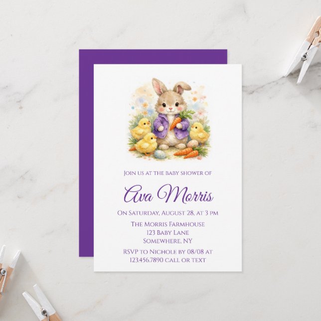 Easter Bunny Purple Jacket Baby Shower Invitation (Front/Back In Situ)