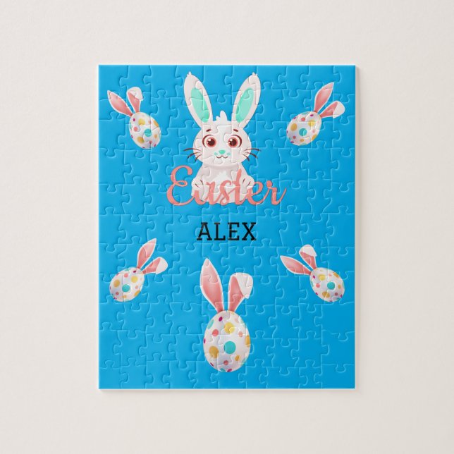 " EASTER" BUNNY PUZZLE WITH SPECKLED EGGS & NAME. (Vertical)