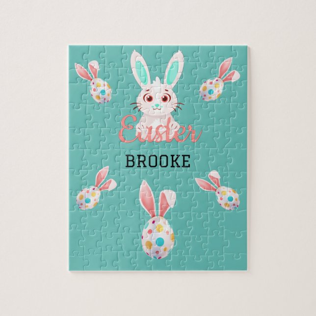 " EASTER" BUNNY PUZZLE WITH SPECKLED EGGS & NAME. (Vertical)