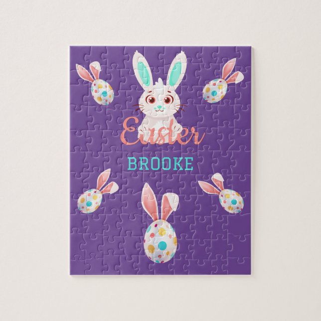 " EASTER" BUNNY PUZZLE WITH SPECKLED EGGS & NAME. (Vertical)