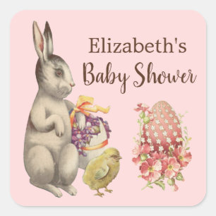 Easter Bunny Rabbit and Chicken Pink Baby Shower Square Sticker