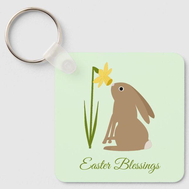 Easter Bunny Rabbit and Daffodil flower Custom Key Ring (Front)