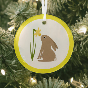 Easter Bunny Rabbit and Daffodil flower Glass Tree Decoration