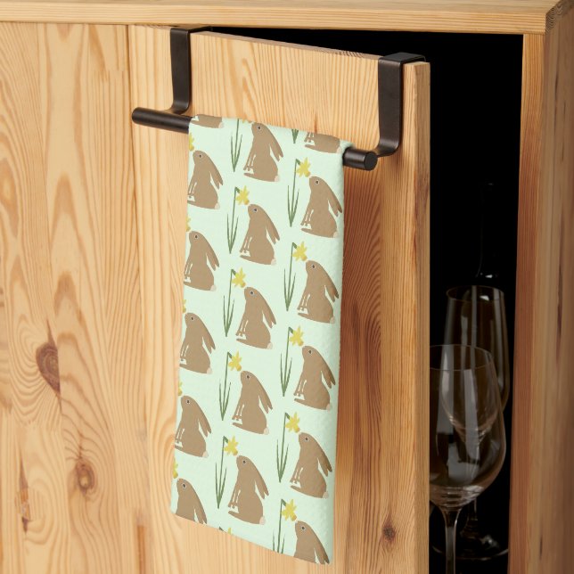 Easter Bunny Rabbit and Daffodil flower Patterned Tea Towel (Thirds Fold)
