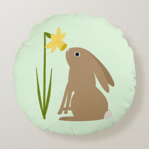 Easter Bunny Rabbit and Daffodil flower Round Cushion