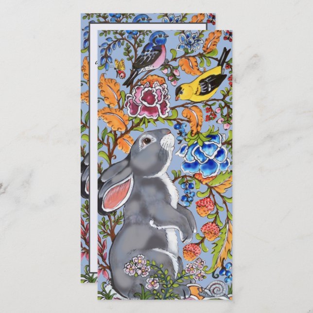 Easter Bunny Rabbit Bird Colourful Floral Pretty Holiday Card (Front/Back)