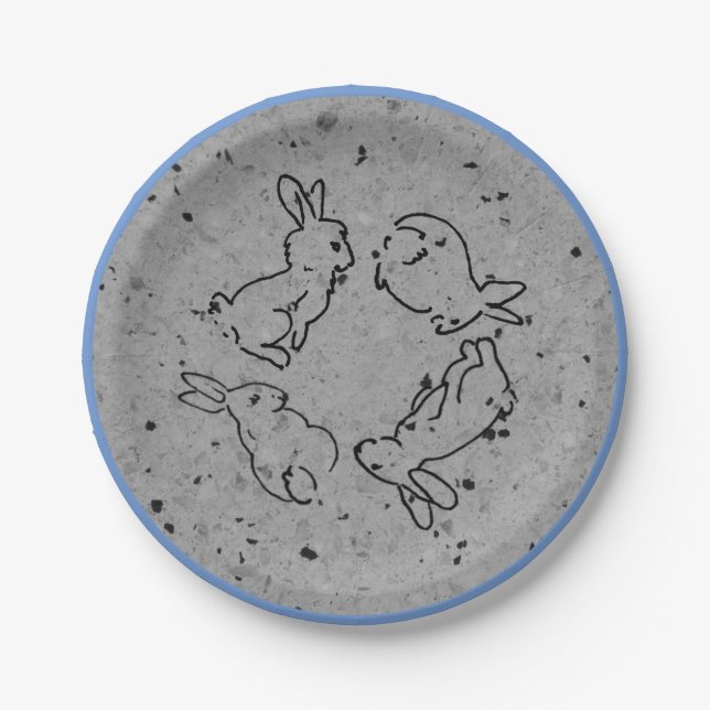 Easter Bunny Rabbit Blue Grey Stone Spring Modern Paper Plate (Front)