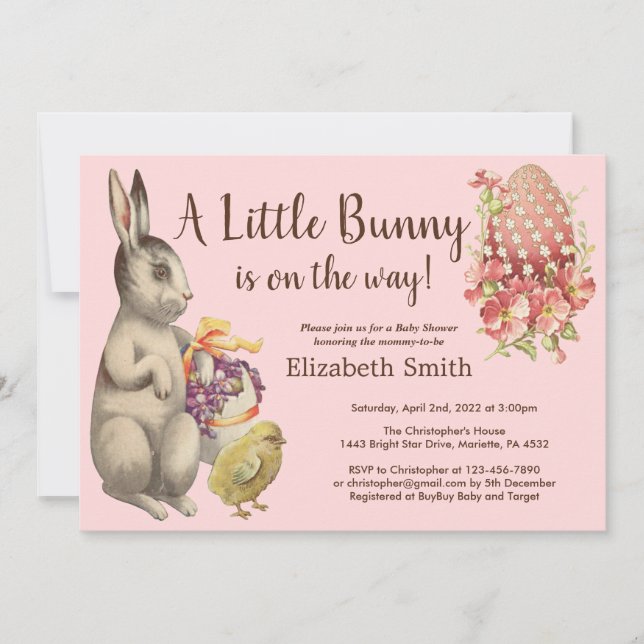 Easter Bunny Rabbit & Chicken Pink Baby Shower Invitation (Front)