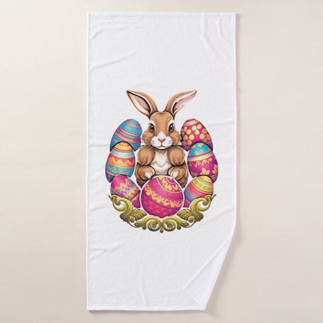 Easter Bunny Rabbit Colourful Eggs Easter Egg Hunt Bath Towel (Bath Towel)