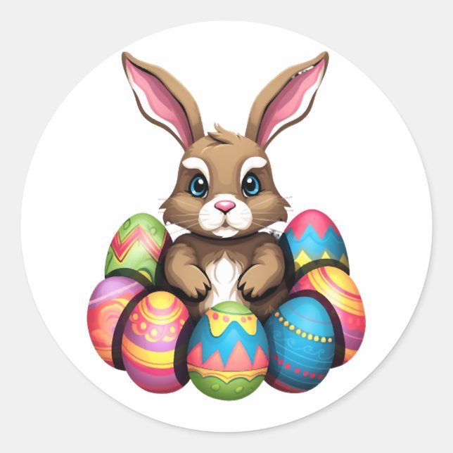 Easter Bunny Rabbit Colourful Eggs Easter Egg Hunt Classic Round Sticker (Front)