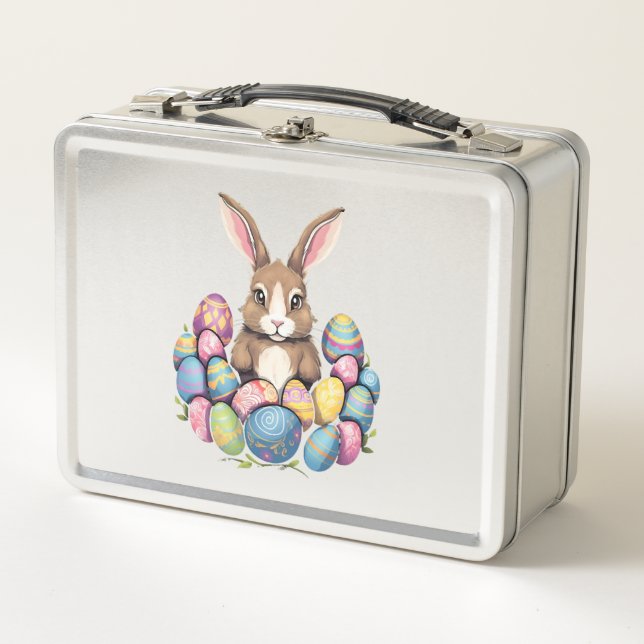 Easter Bunny Rabbit Colourful Eggs Easter Egg Hunt Metal Lunch Box (Front)