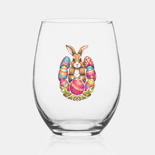 Easter Bunny Rabbit Colourful Eggs Easter Egg Hunt Stemless Wine Glass