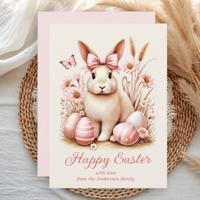 Easter Bunny Rabbit Coquette Bow Pink Eggs Holiday Card (Greeting card with a cute Easter bunny wearing a pink bow)