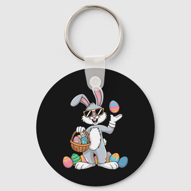 Easter Bunny Rabbit Dabbing Carrying Colourful Egg Key Ring (Front)