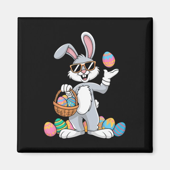 Easter Bunny Rabbit Dabbing Carrying Colourful Egg Magnet (Front)