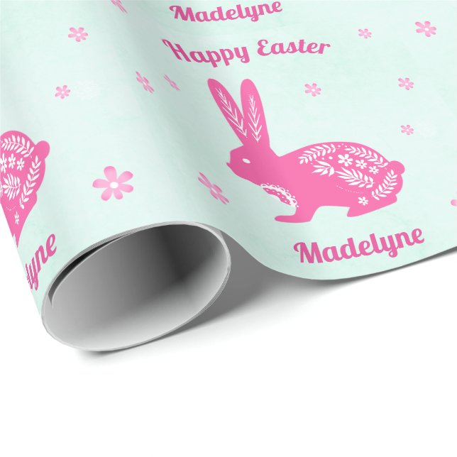 Easter Bunny Rabbit Daisies Pink Aqua Personalised Wrapping Paper (Roll Corner)