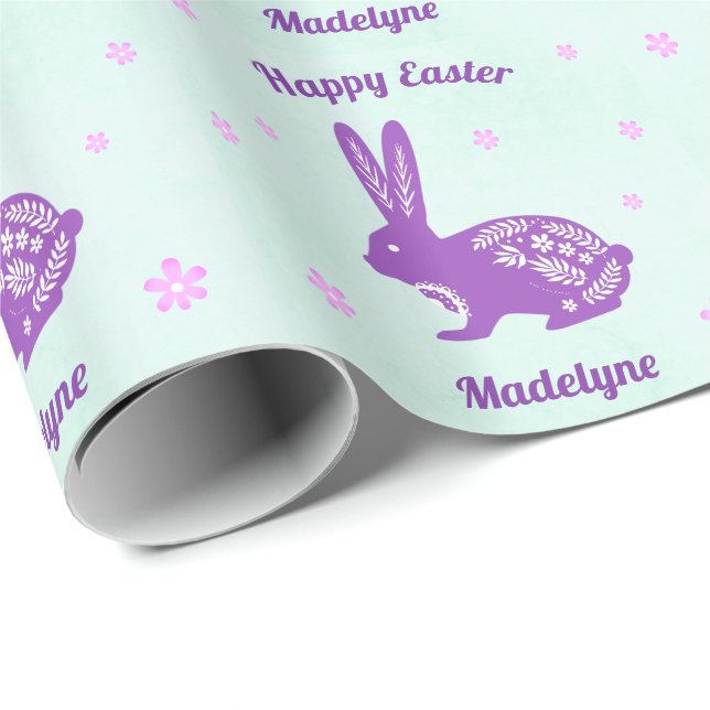 Easter Bunny Rabbit Daisies Purple Personalised Wrapping Paper (Roll Corner)
