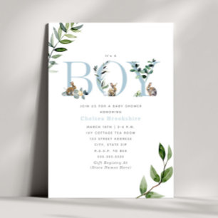 Easter Bunny Rabbit Eggs Greenery Boy Baby Shower Invitation