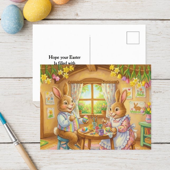 Easter Bunny Rabbit Family Greeting Postcard (Whimsical Easter postcard with bunnies painting eggs in a cozy springtime cottage, full of charm)