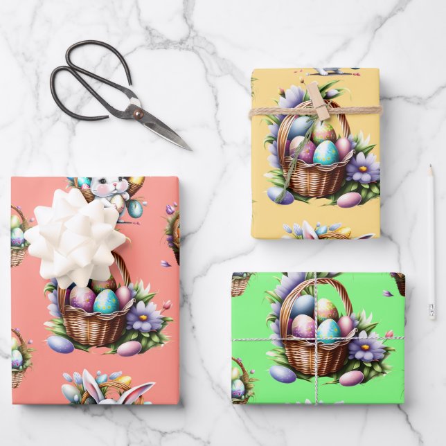 Easter bunny rabbit pastel eggs basket holiday wrapping paper sheet (Front)