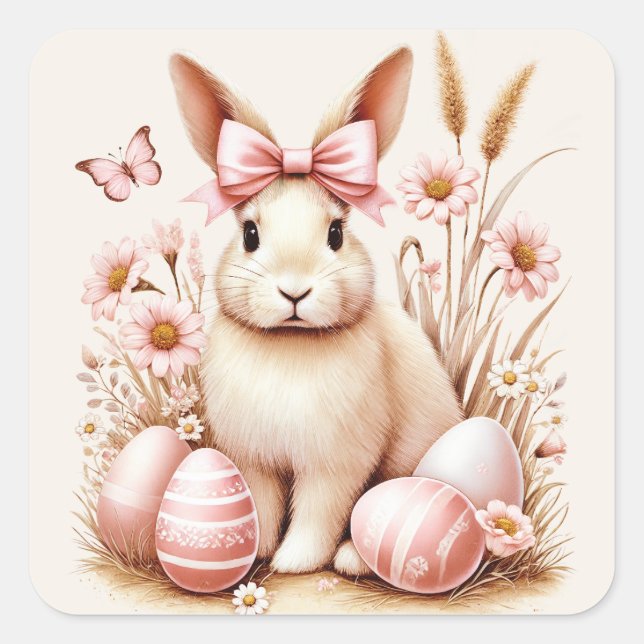 Easter Bunny Rabbit Pink Eggs Coquette Bow Square Sticker (Front)