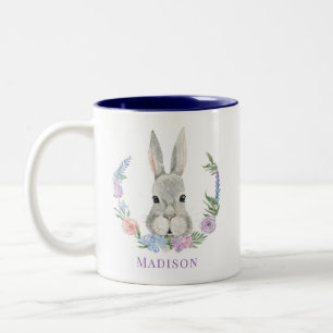 Easter Bunny Rabbit Watercolor Floral Personalised Two-Tone Coffee Mug