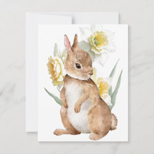 Easter Bunny Rabbit Yellow Daffodil Flower Spring Holiday Card