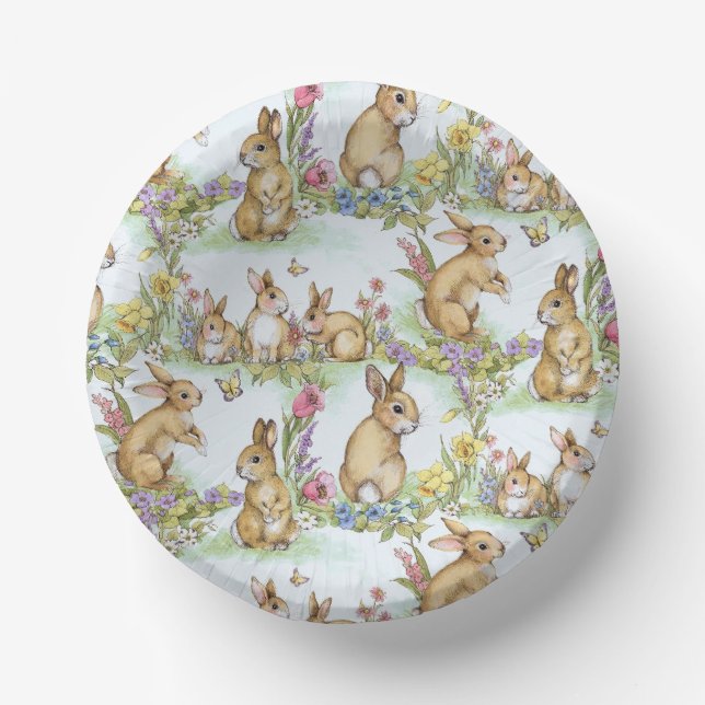 Easter Bunny Rabbits in a Spring Garden Paper Plate (Front)