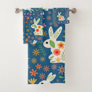 Easter Bunny Rabbits with Whimsical flowers   Bath Towel Set
