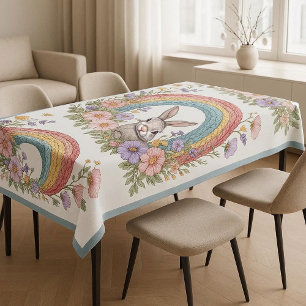 Easter Bunny Rainbow Art Spring Wildflowers Meadow Tablecloth