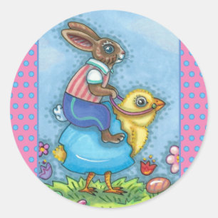 EASTER BUNNY RIDING CUTE CHICK IN BLUE EGG, WHIMSY CLASSIC ROUND STICKER