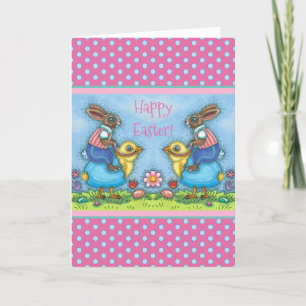 EASTER BUNNY RIDING CUTE CHICK IN BLUE EGG, WHIMSY HOLIDAY CARD
