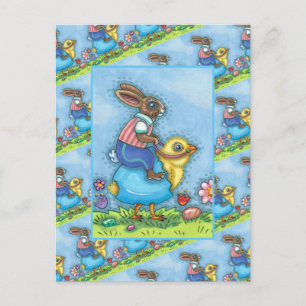 EASTER BUNNY RIDING CUTE CHICK IN BLUE EGG, WHIMSY HOLIDAY POSTCARD