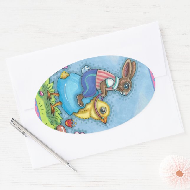EASTER BUNNY RIDING CUTE CHICK IN BLUE EGG, WHIMSY OVAL STICKER (Envelope)