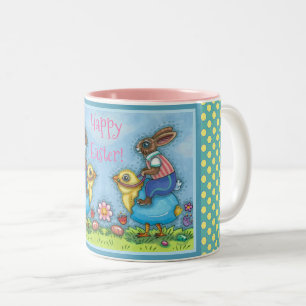 EASTER BUNNY RIDING CUTE CHICK IN BLUE EGG, WHIMSY Two-Tone COFFEE MUG