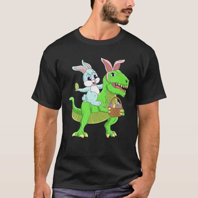 Easter Bunny Riding Dinosaur T Rex Easter Kids Boy T-Shirt (Front)