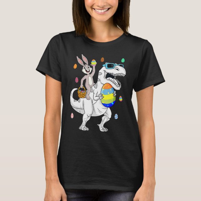 Easter Bunny Riding Rex Dinosaur  Eggs Boys T-Shirt (Front)