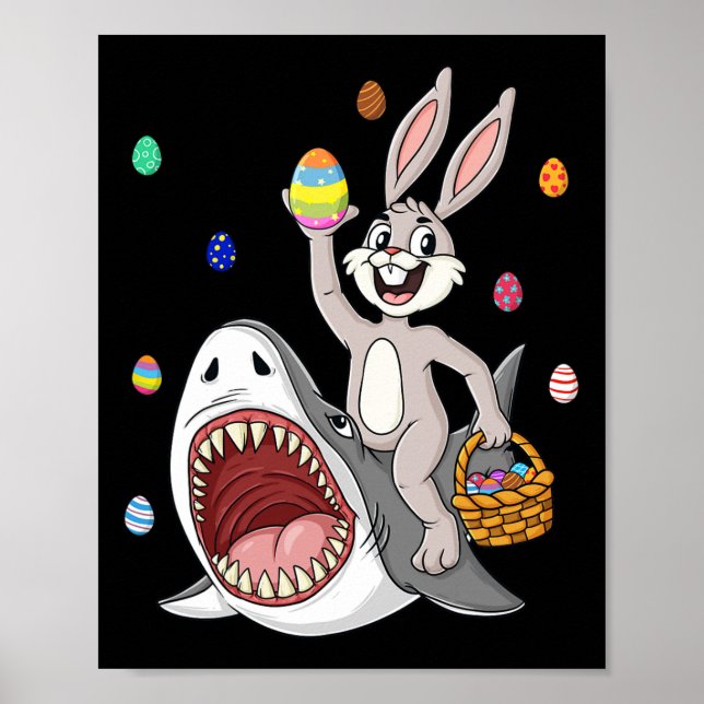 Easter Bunny Riding Shark Fun Eggs Basket Boys Gir Poster (Front)