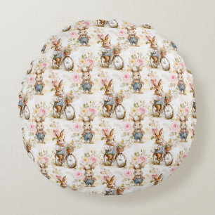 Easter Bunny Seamless Fabric – Pastel Cute Rabbit Round Cushion