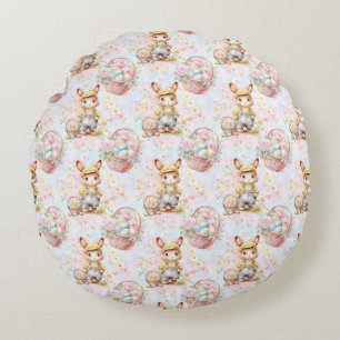 Easter Bunny Seamless Fabric – Pastel Cute Rabbit Round Cushion