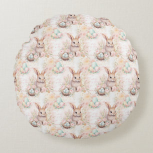 Easter Bunny Seamless Fabric – Pastel Cute Rabbit Round Cushion