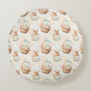 Easter Bunny Seamless Fabric – Pastel Cute Rabbit Round Cushion