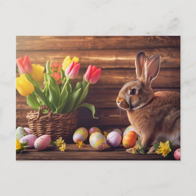 Easter bunny seated beside colorful eggs and tulip postcard (Front)