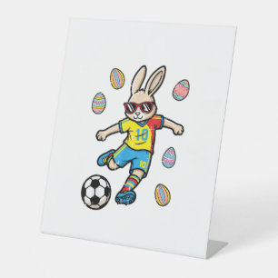 Easter Bunny Soccer Kick Rabbit Football Boys Kids Pedestal Sign