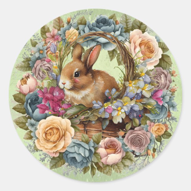 Easter Bunny Spring Floral Classic Round Sticker (Front)