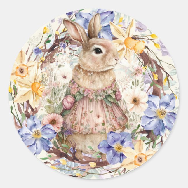 Easter Bunny Spring Floral Classic Round Sticker (Front)